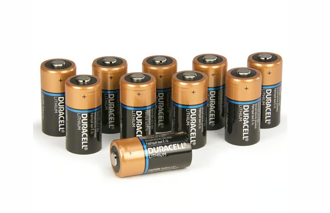 Ten batteries lined up on tabletop.